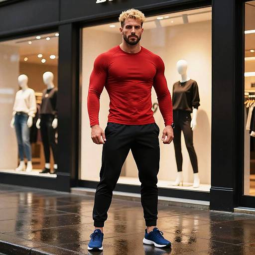 Photograph of a muscular, bearded man with blonde hair, wearing a tight red long-sleeve shirt, black pants, and blue sneakers,