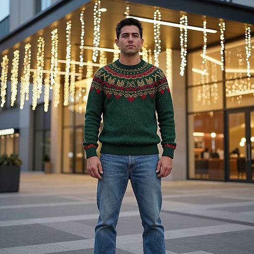 Photograph of a man with short dark hair, wearing a green patterned sweater and blue jeans, standing in front of a building with hanging Christmas lights