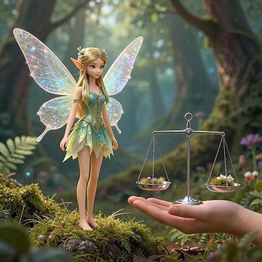 Digital artwork of a fairy with iridescent wings and a green leaf dress, standing on moss, balancing scale with flowers on hand. Enchanted