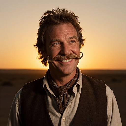 Photograph of a smiling middle-aged man with a mustache, dark hair, wearing a vest and button-up shirt, set against a golden sunset sky