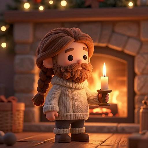 Cozy Cartoon Figure by Fireplace