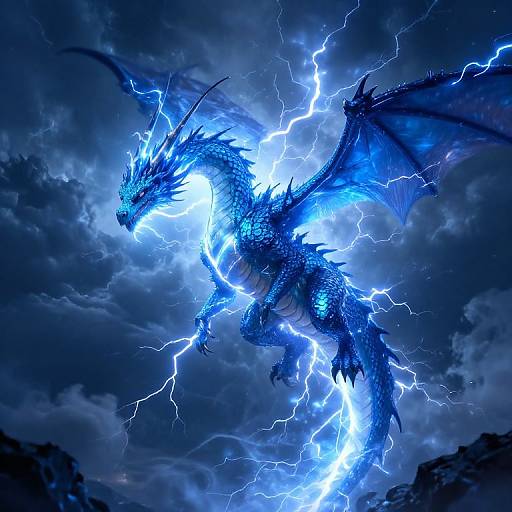 Digital artwork of a blue, electrically charged dragon with glowing lightning bolts, soaring through a stormy, cloud-filled sky.