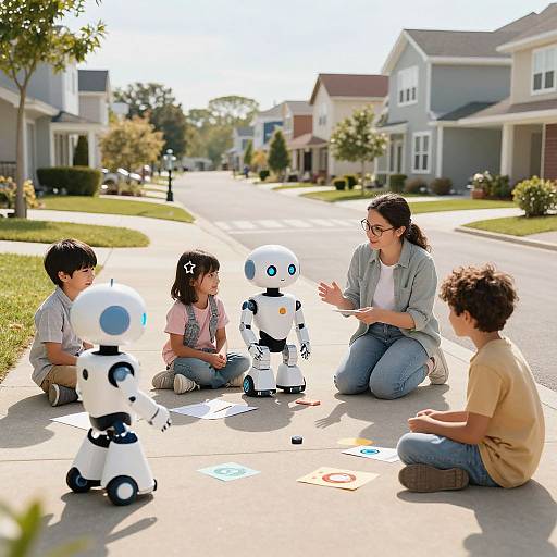 Photograph of a woman with dark hair, glasses, and jeans, kneeling on a suburban street, teaching four children and two robot toys.