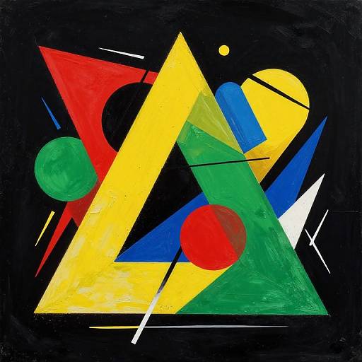 Abstract geometric art with bold yellow, red, green, blue triangles, circles, and lines on a black background, resembling Bauhaus style.