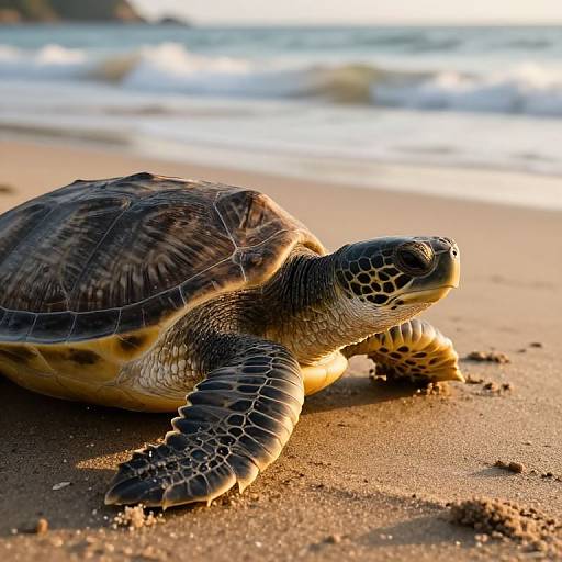 Photograph of a sea turtle with patterned shell and textured skin, crawling on sandy beach with gentle ocean waves in background.