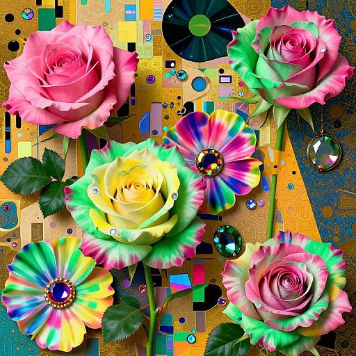 Digital artwork of vibrant pink, yellow, and multicolored roses with abstract geometric shapes, black vinyl record, and colorful circles on a gold background.