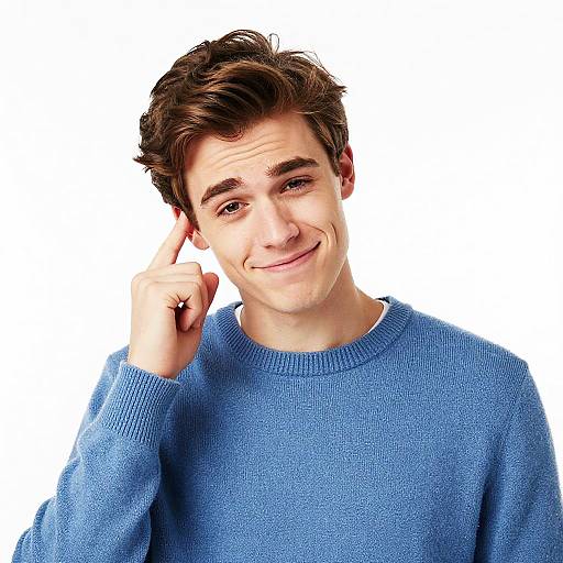 Young man in blue sweater adjusting ear