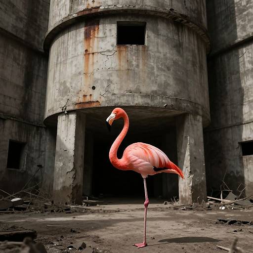Solitary Flamingo in Brutalist Ruins