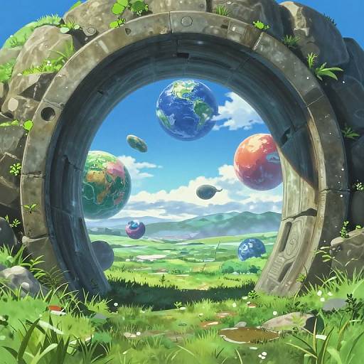 Digital art: A large, circular, weathered stone ruin frames a vibrant, grassy meadow with floating, colorful, planet-like orbs against a
