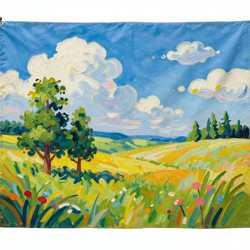 Vibrant oil painting of a sunny meadow with colorful wildflowers, green trees, yellow fields, and fluffy white clouds against a blue sky.