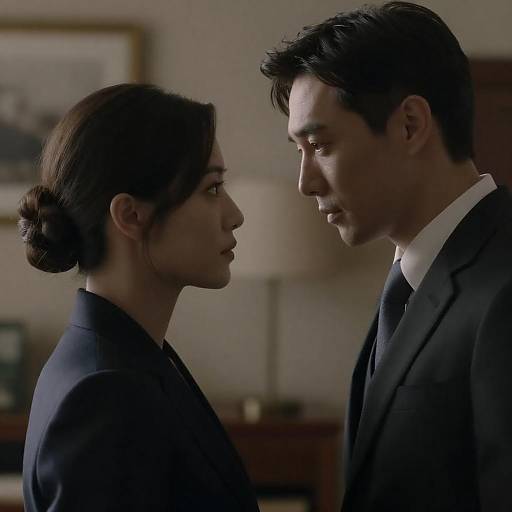 Photograph of a serious, close-up moment between an Asian woman in a navy suit and an Asian man in a black suit, facing each other in