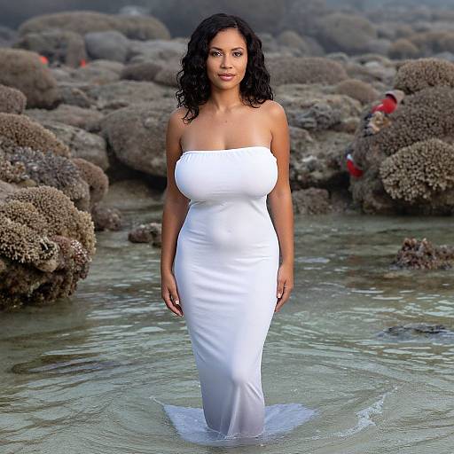Photograph of a curvy, dark-haired woman with medium skin tone, wearing a strapless white dress, standing in shallow, rocky water.