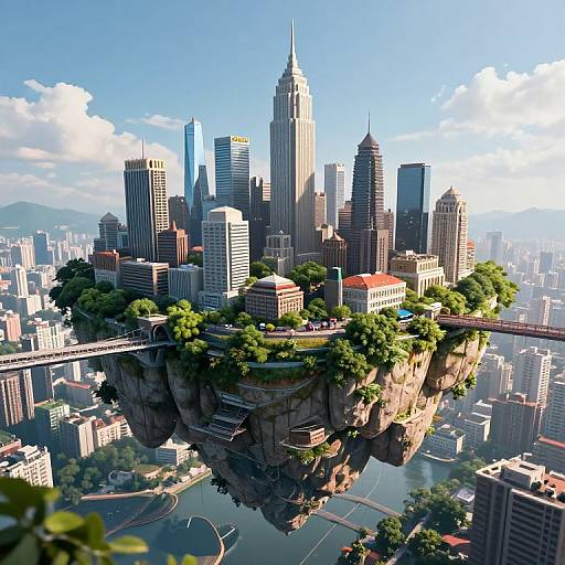 Digital CGI of a floating cityscape with skyscrapers, greenery, and a bridge connecting rock formations above a river, under a bright blue sky