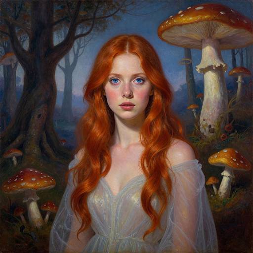 Digital painting of a fair-skinned, red-haired fairy with blue eyes, wearing a sheer white dress, surrounded by glowing mushrooms in a mystical, dark
