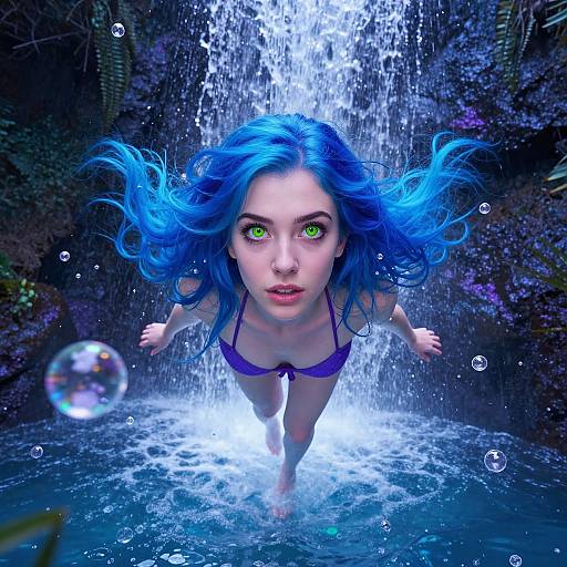 Blue-Haired Woman Levitation at Waterfall