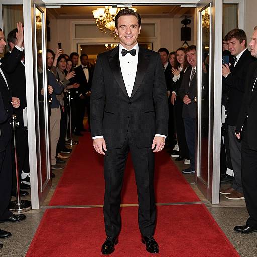 Photograph of a smiling man in a black tuxedo with a white shirt and black bow tie, standing on a red carpet, surrounded by cl