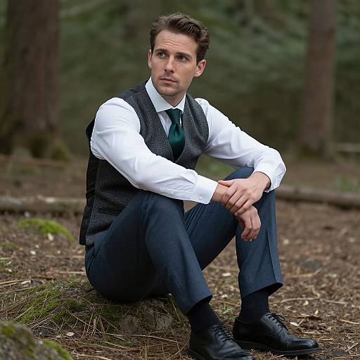 Photograph of a serious, brown-haired man in a white shirt, dark gray vest, green tie, and black pants, sitting on a forest floor