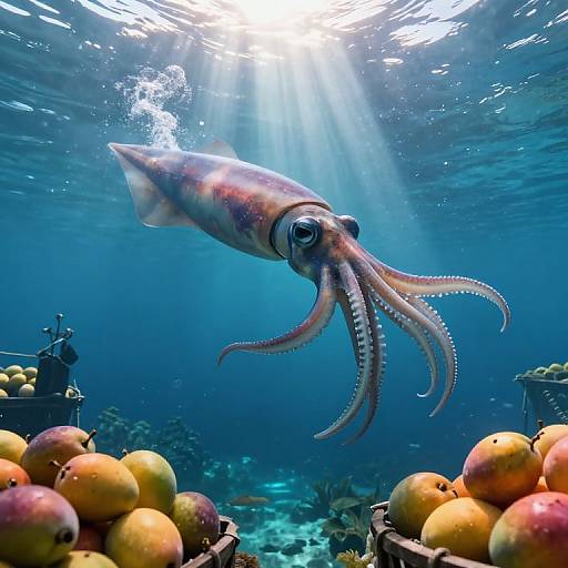 Photograph of a vibrant, underwater scene featuring a large, pinkish-red squid with long tentacles swimming above a basket of ripe, yellow and red