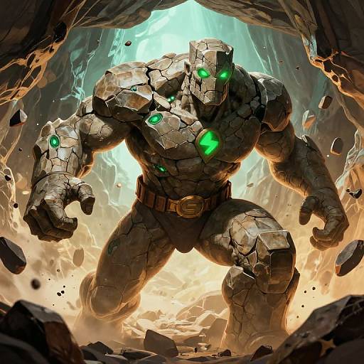 Digital art of a massive, cracked stone monster with glowing green eyes and shoulders, emerging from a rocky cave entrance.