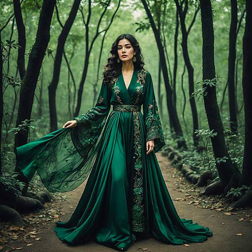 Woman in Emerald Green Flowing Robes in Forest