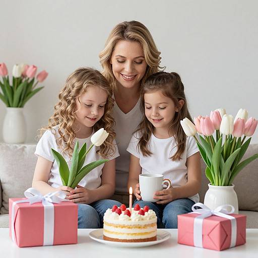 Photograph of smiling mother and two young daughters celebrating birthday with candlelit cake, pink tulips, and red gift boxes.