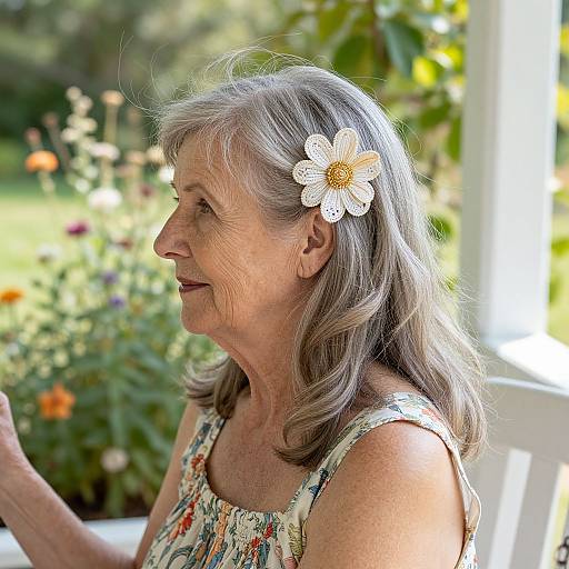 Photograph of elderly woman with gray hair, white daisy hairpin, floral dress, smiling in sunlight, seated in garden with colorful flowers.