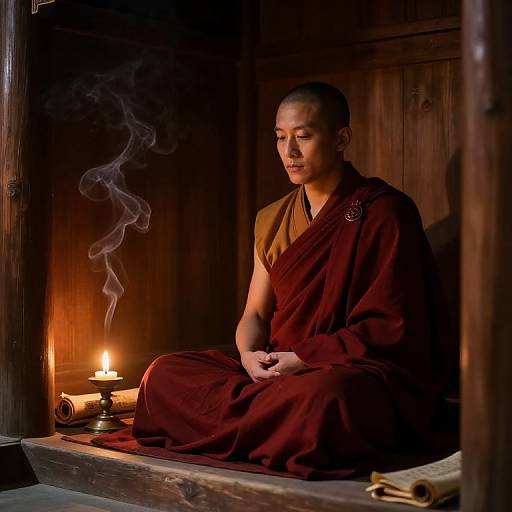Solitary Monk in Candlelit Meditation