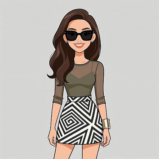 Digital illustration of a smiling woman with long brown hair, black sunglasses, sheer green top, and black-and-white geometric skirt.