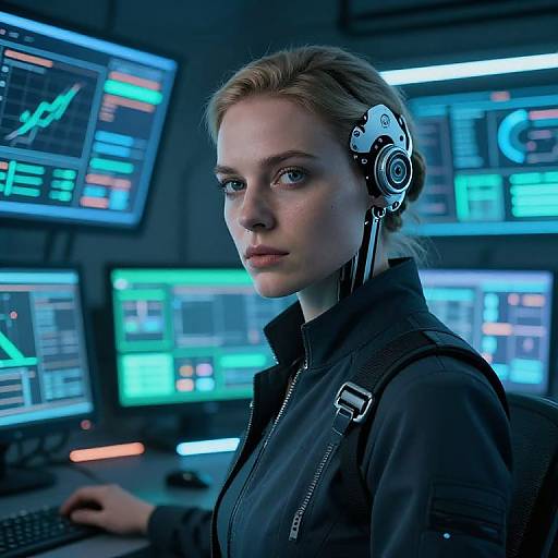 CGI image of a blonde woman with blue eyes, wearing black headphones and jacket, in a futuristic control room with glowing blue screens.