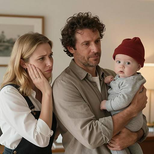 Concerned Family with Baby Indoors