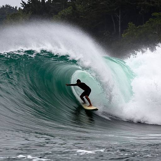 Photograph of a surfer in black wetsuit riding a powerful, translucent blue ocean wave with white spray, surrounded by dense, dark green forest