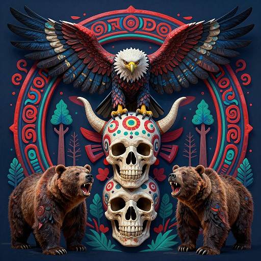 Digital art: Bald eagle with spread wings, red and black feathers, sits atop decorated skulls, flanked by snarling brown bears, vibrant circular