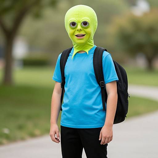 Photograph of a child wearing a bright green alien mask and blue shirt, black backpack, standing on a park pathway.