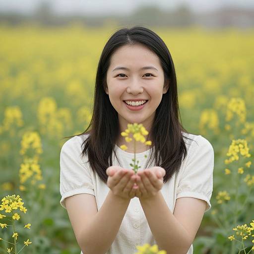Asian woman with long black hair, smiling, holding yellow flowers in field of yellow wildflowers, wearing white short-sleeve shirt. Photograph.