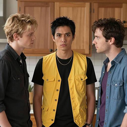 Three Men Conversing in a Kitchen Scene