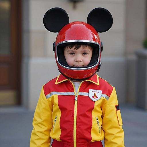 Photograph of a young Asian boy wearing a red Mickey Mouse helmet and a red and yellow jacket, standing outdoors with a blurred urban background.