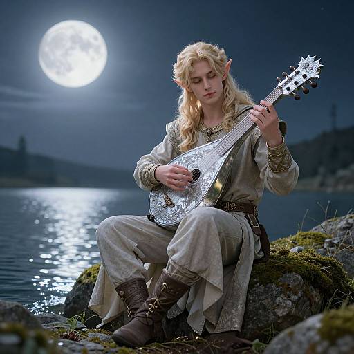 Photograph-style digital art: Blonde elven musician with pointed ears playing a silver lute under a full moon over a calm lake.