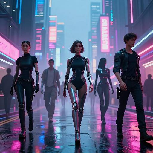 Cyberpunk cityscape photograph: Four futuristic, black-clad individuals with glowing neon lights, wet street, and neon-lit skyscrapers in