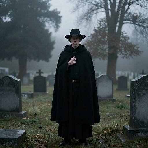 Black Cloaked Man in Misty Cemetery