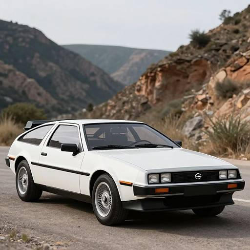 Photograph of a white, 1980s Nissan Skyline hatchback with black trim, driving on a mountain road with rocky terrain and blue mountains