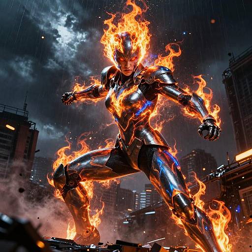 Fierce Superheroine on Cyberpunk Rooftop