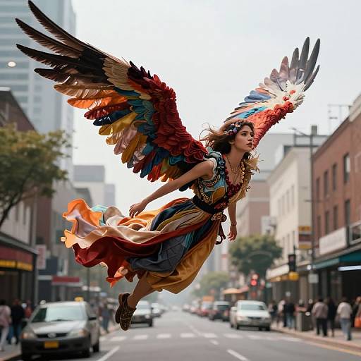 Photograph of a woman with large, colorful, feathered wings flying over a city street, wearing a flowing, multicolored dress and headdress