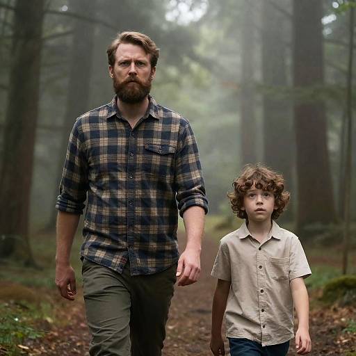 Misty Forest Stroll: Man and Boy