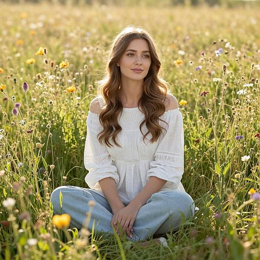 Photograph of a young woman with long brown hair, wearing a white off-shoulder blouse and light blue pants, sitting cross-legged in a sun