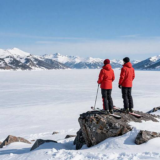 Red-Jacketed Pair on Snowy Outcrop