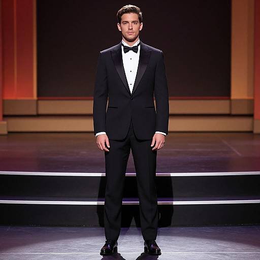 Photograph of a handsome man in a black tuxedo with a white shirt and black bow tie, standing on a stage with illuminated steps in the