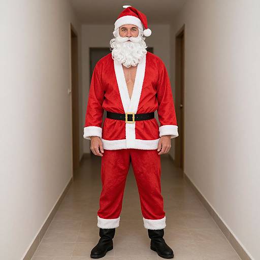 Photograph of a muscular man with a white beard and mustache, wearing a red Santa suit, black belt, and boots, standing in a white