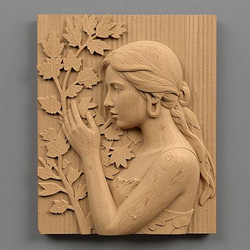 Wooden relief sculpture of a serene young woman with long hair, hands raised, gently touching leaves, detailed texture and grain.