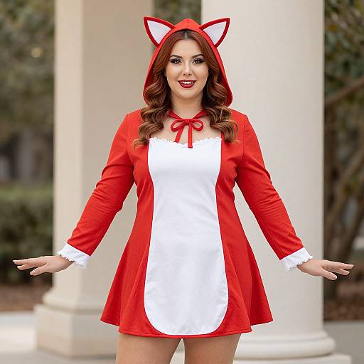 Photograph of a smiling woman with long brown hair, wearing a red and white fox-themed hooded dress with cat ears, standing outdoors against white columns