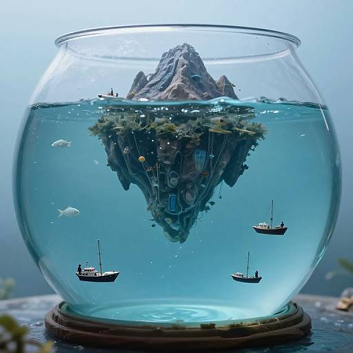 Photograph of a glass bowl filled with blue water, containing a miniature island with mountains, tiny boats, and fish, against a light blue background.
